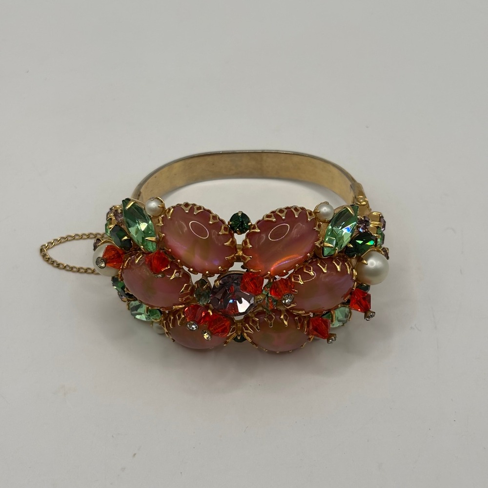 Alice Caviness Vintage Gold Multi Stone Hinged Bangle Bracelet Pink Rhinestone